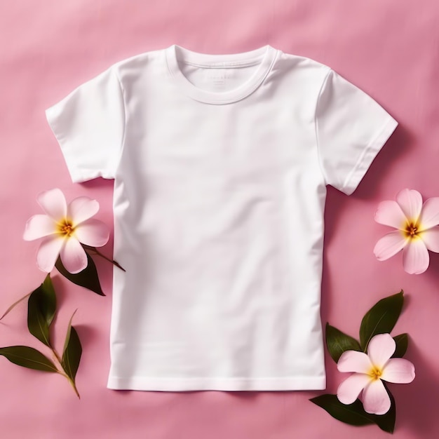子供のための無地の白い t シャツのモックアップ ピンクの花の背景