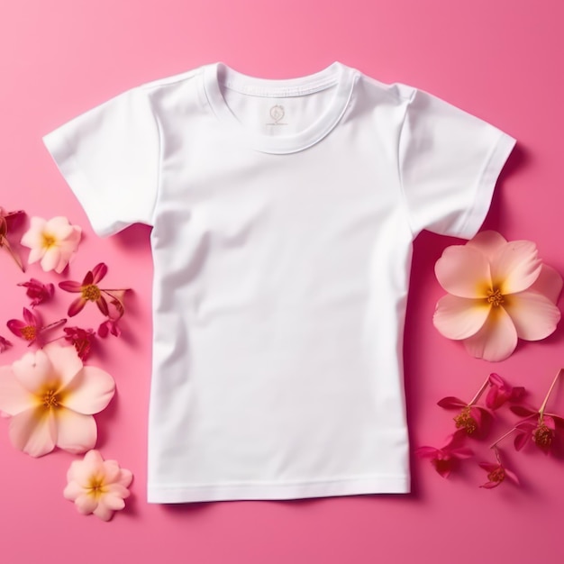 mockup of plain white t shirt for kids pink flower background