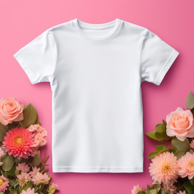 Photo mockup of plain white t shirt for kids pink flower background