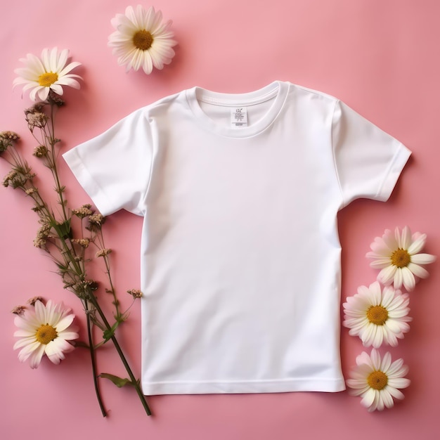 아이 핑크 꽃 배경에 대한 일반 흰색 티셔츠의 모형