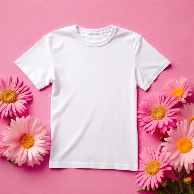 mockup of plain white t shirt for kids pink flower background