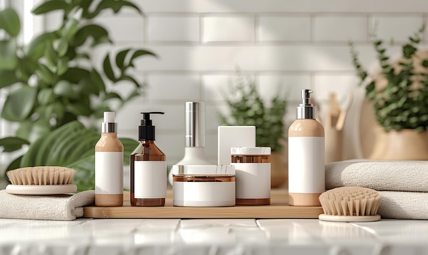 Photo mockup of plastic packaging and bottles with natural organic cosmetics on the bathroom
