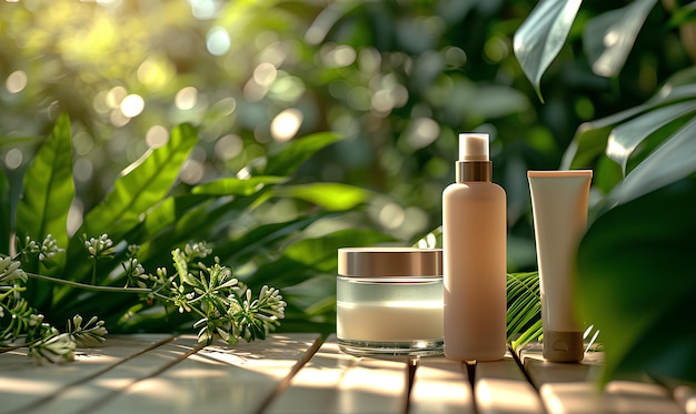 mockup of plastic packaging and bottles with natural organic cosmetics on the bathroom