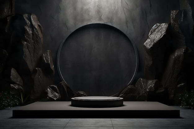 ポディウムショーケースのモックアップミニマリストの黒い幾何学的な石と岩のジェネレーティブAI