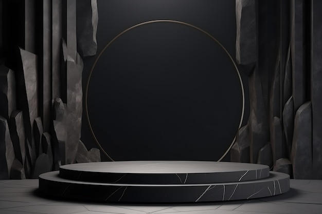 Mockup for podium showcase with a minimalistic black geometric Stone and Rock Generative AI