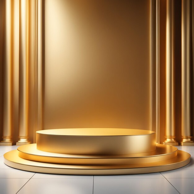 高級プレミアム台座の優雅な背景に金色のシルク生地を配置したモックアップ表彰台
