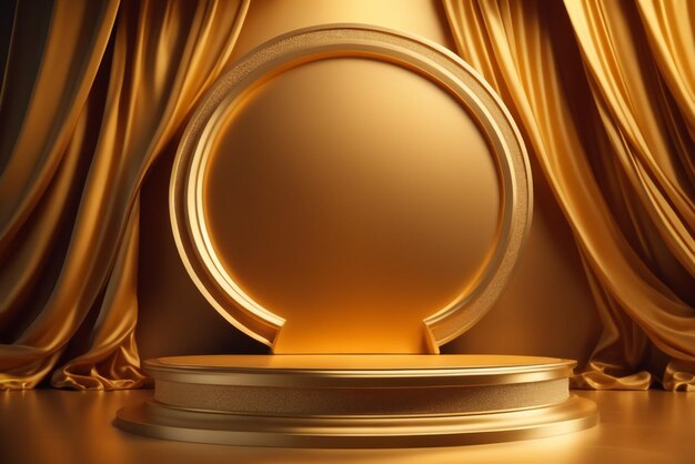 Mockup podium with golden color silk fabric placed on luxury premium pedestal elegance background