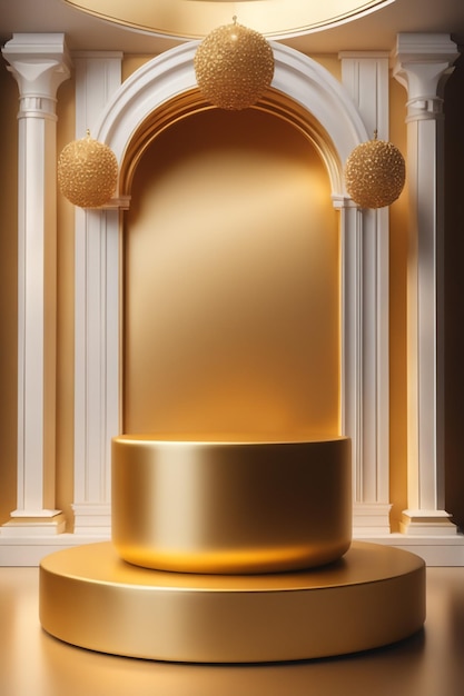 Photo mockup podium with golden color silk fabric placed on luxury premium pedestal elegance background