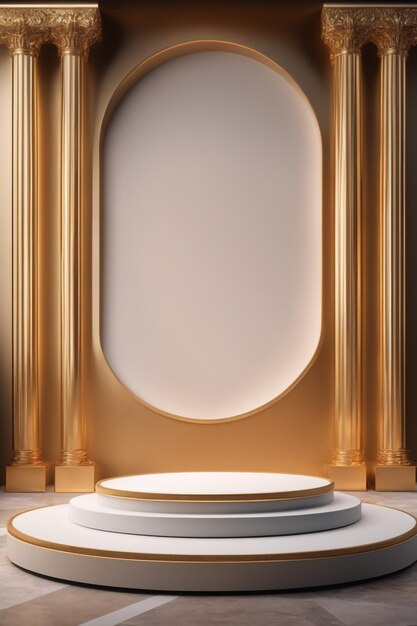 макет подиума с шелковой тканью золотистого цвета, расположенный на роскошном пьедестале премиум-класса, элегантном фоне
