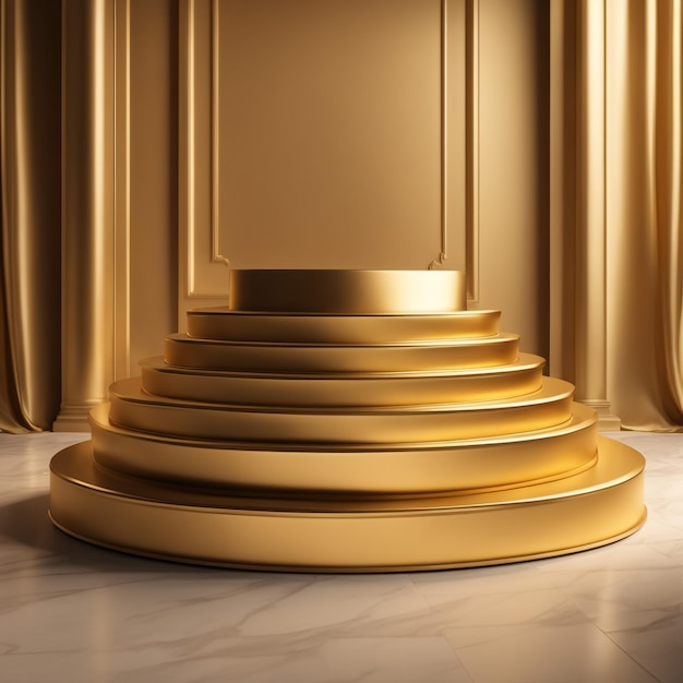 Foto podio mockup con tessuto di seta color oro posizionato su uno sfondo di eleganza e piedistallo premium di lusso