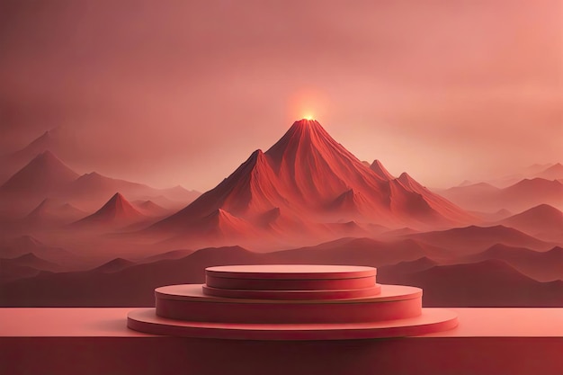 mockup podium with red volcano mountain