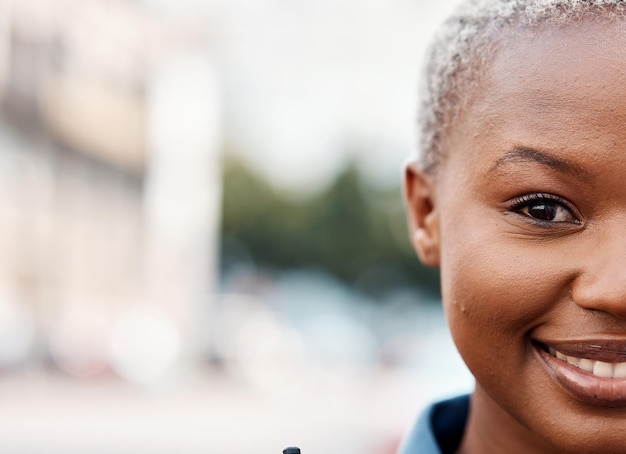 Mockup police or portrait of woman in city for law enforcement protection or legal street safety face of cop space or closeup of happy security guard on patrol in urban town for crime or justice