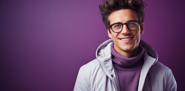 Foto ritratto di mockup e giovane uomo con occhiali sorriso e optometria su un viso a sfondo viola in studio