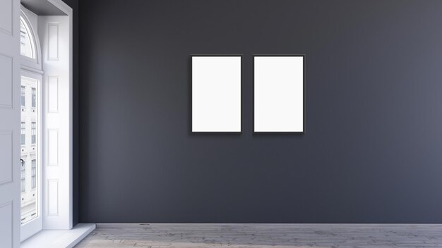 Mockup poster 2 frames in modern interior living room background with black wall