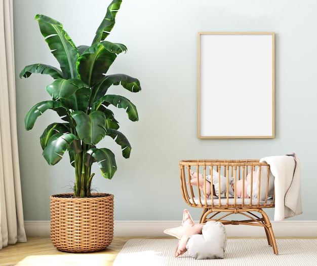 Mockup poster baby's room with a plant in it