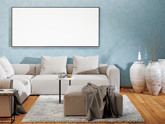 Mockup poster blank in a modern interior with a sofa and decor 3D render