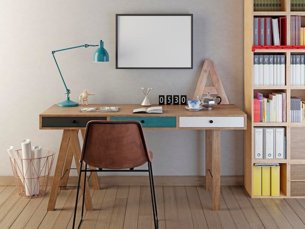 Mockup poster blank in the room warm colors hipster style 3D render