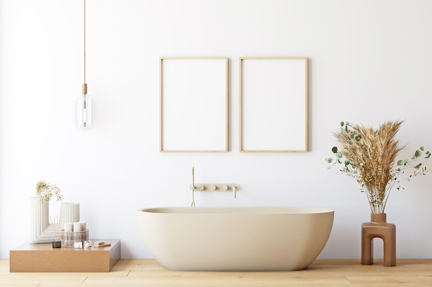 Mockup poster in boho style bathroom mockup