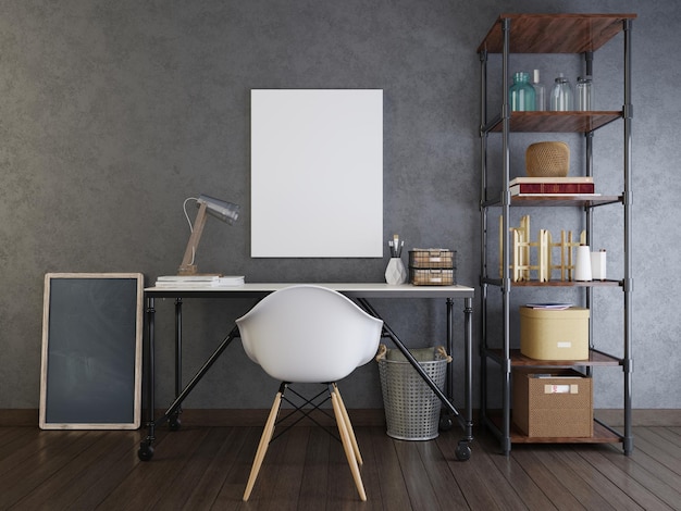 Mockup poster above the desk Desk in loft room with mocap poster on a gray wall 3D render