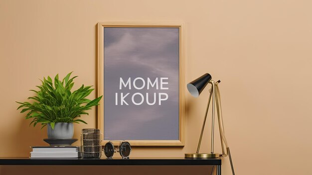 Mockup poster frame close up on wall with decor 3d render