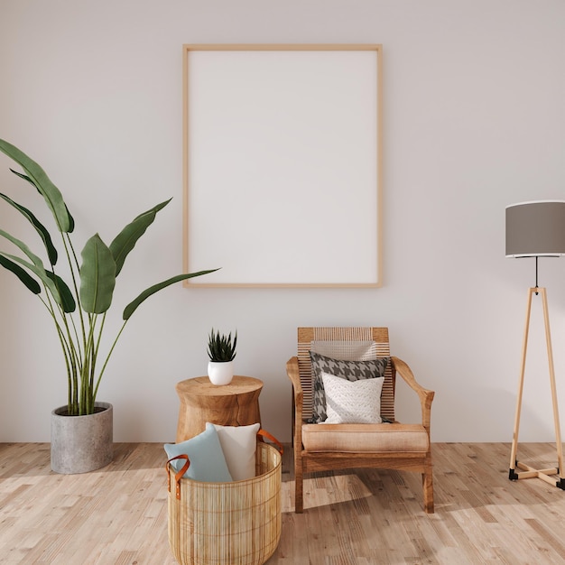 Mockup poster frame in moderne woonkamer met tafel en fauteuil tropische plant en vloerlamp