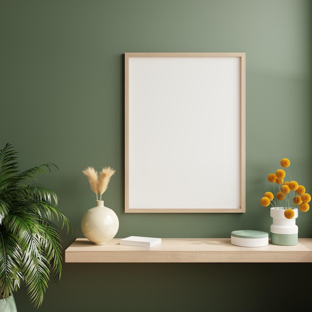 Mockup poster frame in minimalist interior background with dark green wall