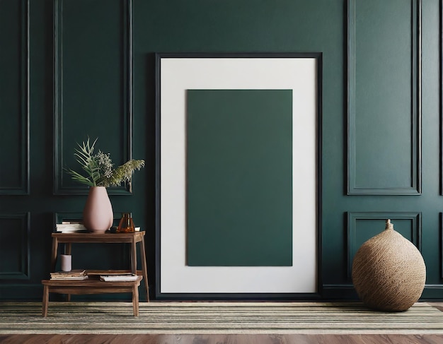 Mockup poster frame in minimalist interior background with dark green wall