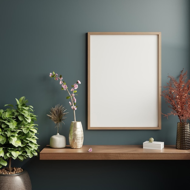 Photo mockup poster frame in minimalist interior background with dark wall