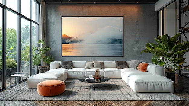 Мокет плаката в современном интерьере фона гостиной в минималистском стиле