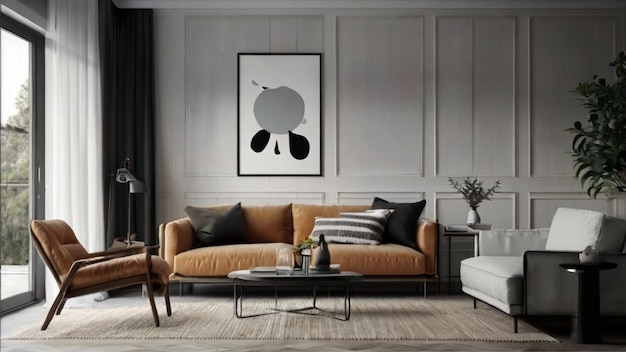 Mockup poster frame in modern interior background living room scandinavian style generative ai