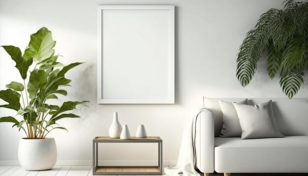 Mockup poster frame in modern interior background living room Scandinavian style Generative ai