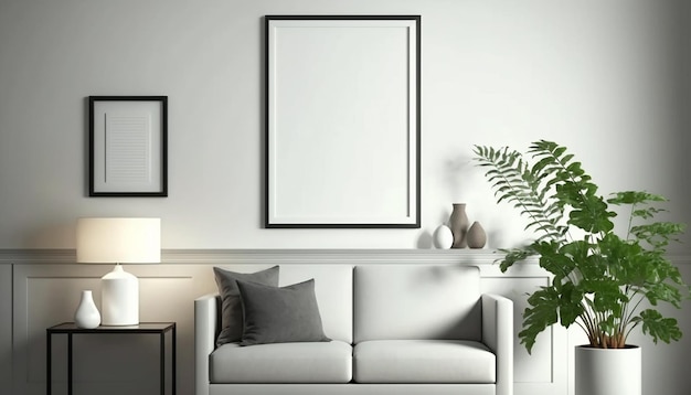 Mockup poster frame in modern interior background living room Scandinavian style Generative ai