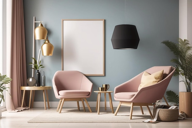 Mockup poster frame in modern interior background with armchair and accessories in the room