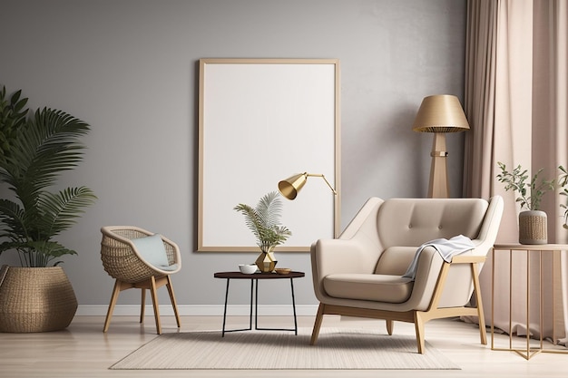 Mockup poster frame in modern interior background with armchair and accessories in the room