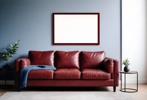 Mockup poster frame in modern interior background with leather sofa and accessories in the room