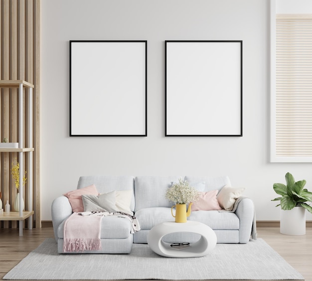 Mockup poster frame in modern interior with light blue sofa and accessories in the room
