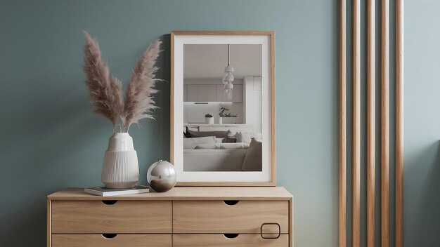 Mockup poster frame in modern scandinavian style interior on minimalistic chest of drawers with dec