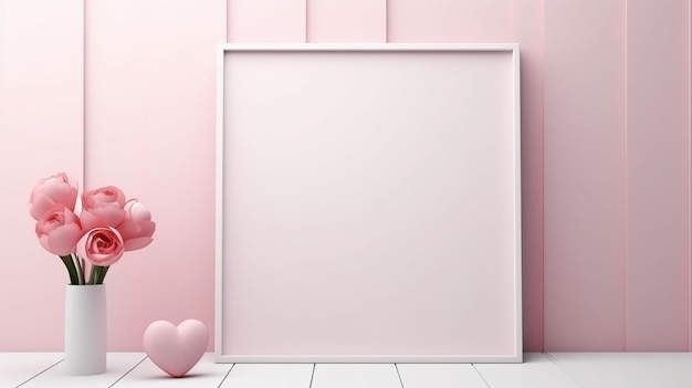 mockup poster frame valentine kamer poster op lege roze muur met roze bloemen