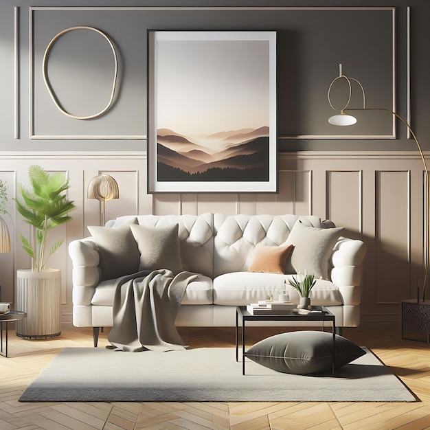 Mockup poster frame on the wall of living room Luxurious apartment background