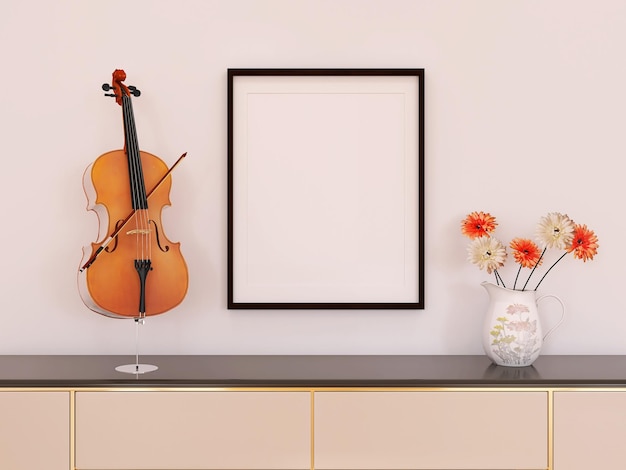 Photo mockup poster frame on white wall with cabinet flower and violin 3d rendering