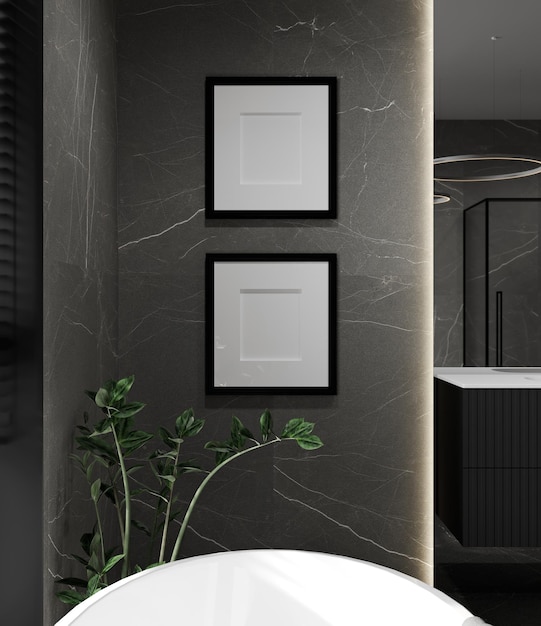 Mockup poster frames in dark stylish bathroom with bathtub and gray marble tile 3d rendering