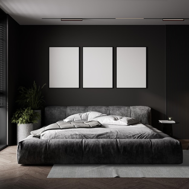 Mockup poster frames in modern luxury bedroom interior3d rendering