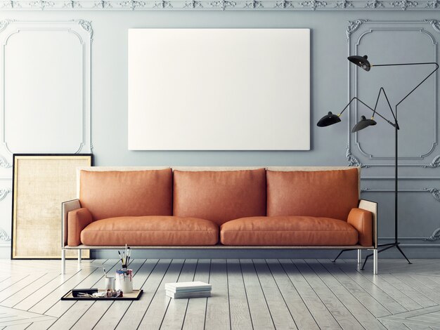 Mockup poster in de woonkamer de bruine bank in Scandinavische stijl