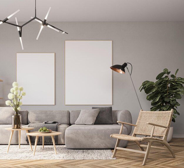 Foto mockup poster in gezellige woonkamer interieur met grijze bank 3d rendering