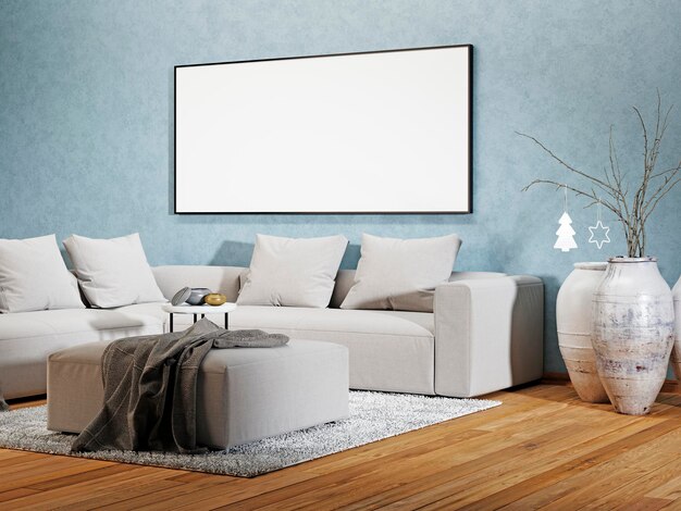 Mockup poster leeg in een modern interieur met een bank en decor 3d render