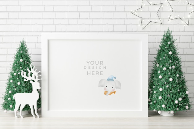 Mockup poster photo frame with christmas decoration. 3D rendered.