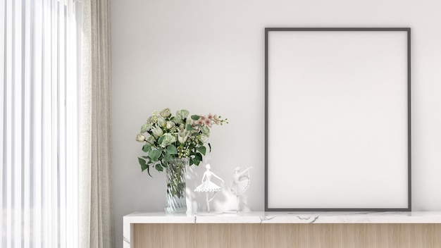 Mockup poster a picture frame in Interior living room design modern minimalist style Marble counters vases statues white walls 3D render