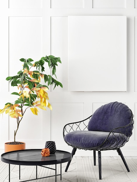 Mockup poster in Scandinavian style living room design, 3d illustration