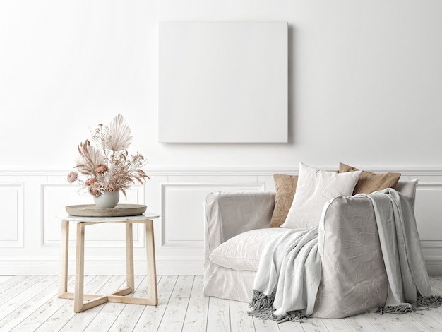 Фото Квадратная рамка макета плаката на стене в интерьере гостиной с креслом, 3d визуализация, 3d иллюстрация