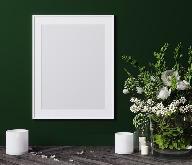 Mockup poster vertical frame close up with white flowers and candles 3D render